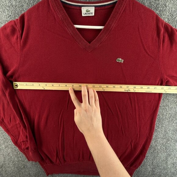 Lacoste Sweater Men Red V Neck Croc Logo Large Pullover Cotton Preppy Tennis - Picture 5 of 12